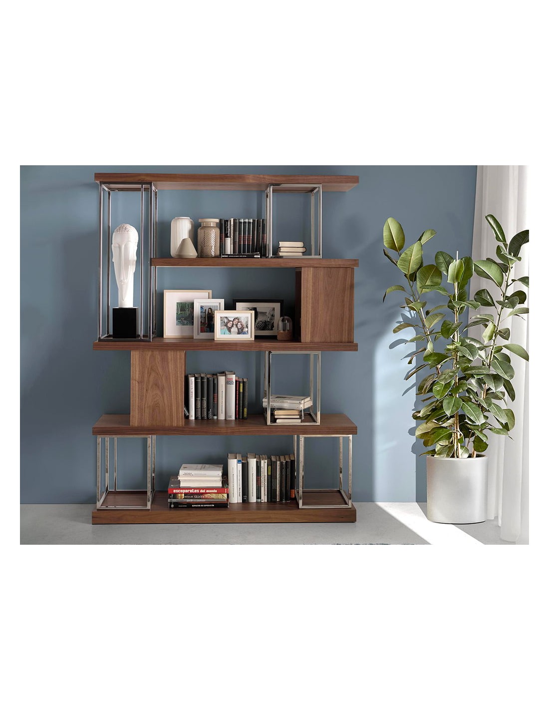 Estantería nogal y acero inoxidable cromado