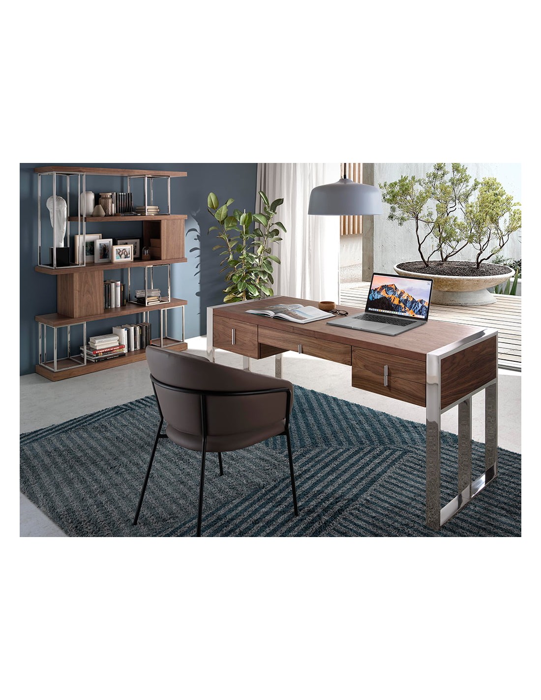 Estantería nogal y acero inoxidable cromado