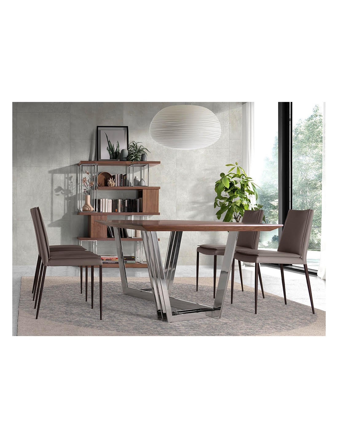 Estantería nogal y acero inoxidable cromado