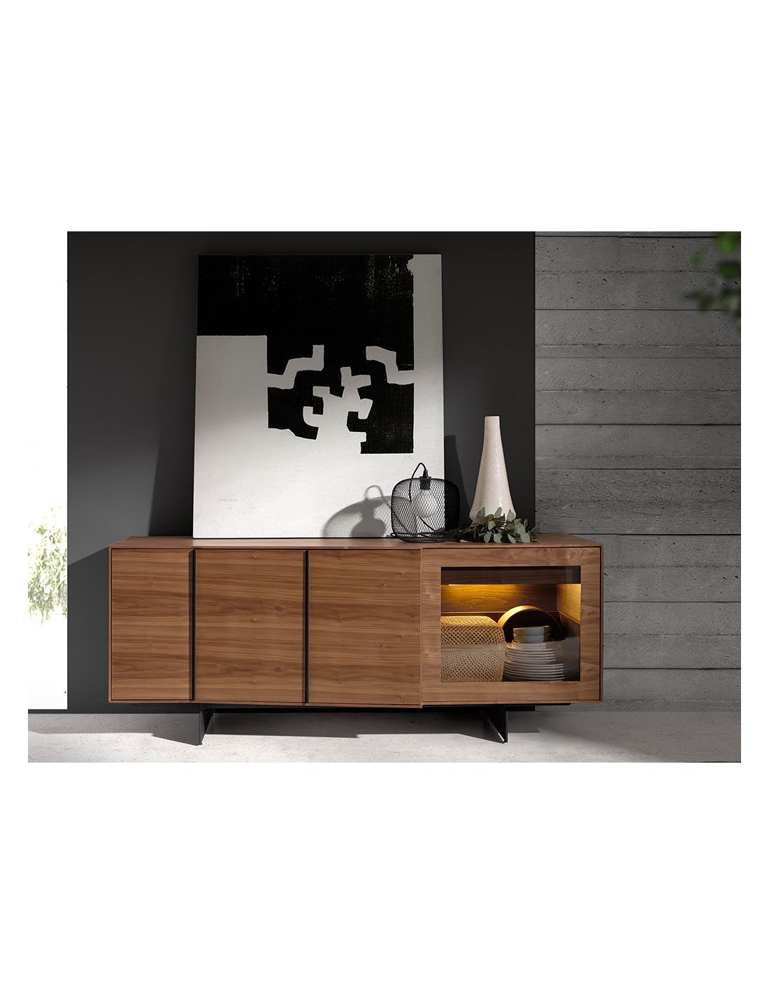 Aparador nogal y acero negro con iluminación...