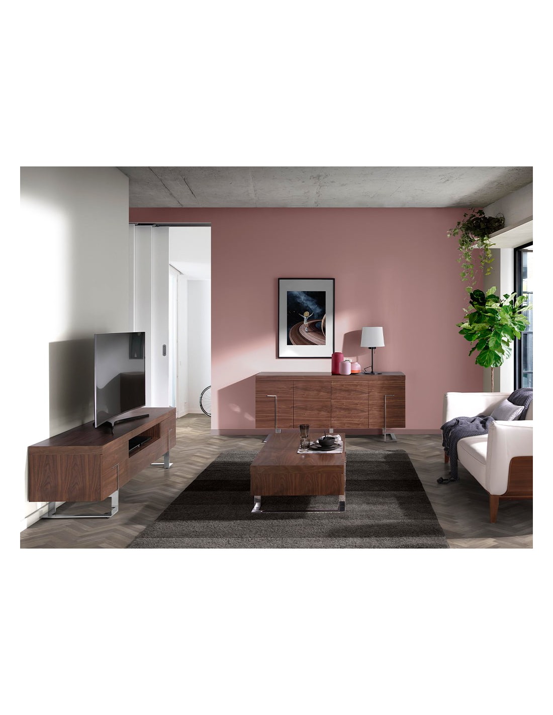 Mueble TV nogal y acero cromado