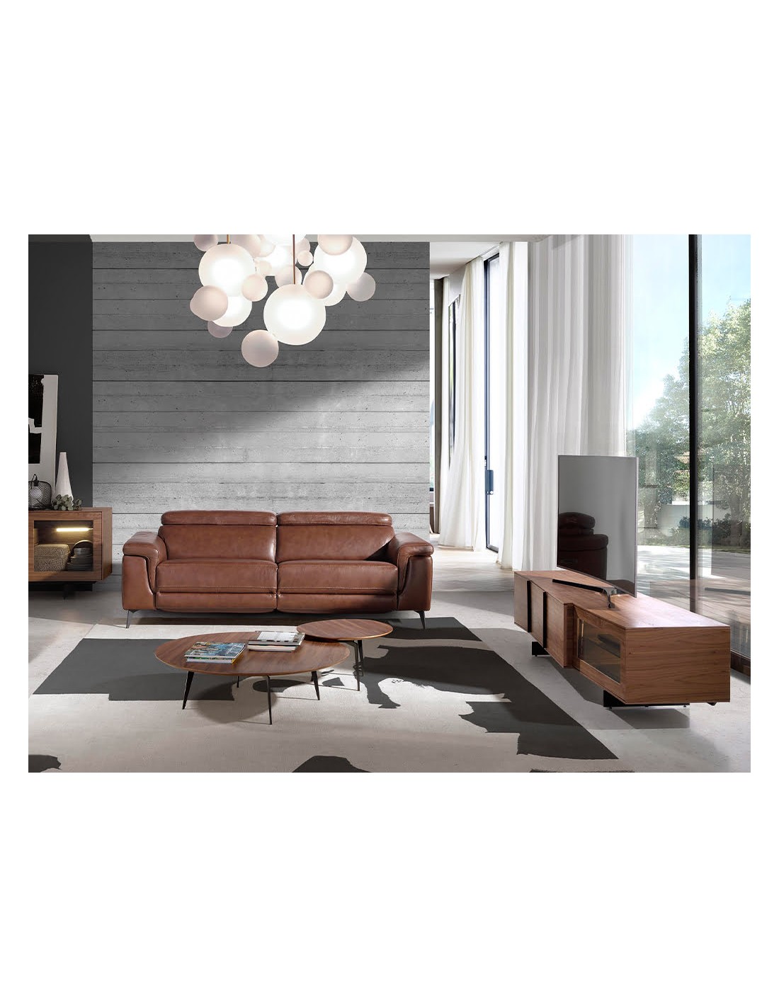 Mueble TV nogal y acero negro con iluminación...