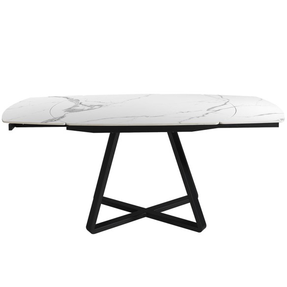 Mesa comedor extensible ovalada barril mármol porcelánico y acero negro