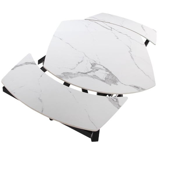 Mesa comedor extensible ovalada barril mármol porcelánico y acero negro