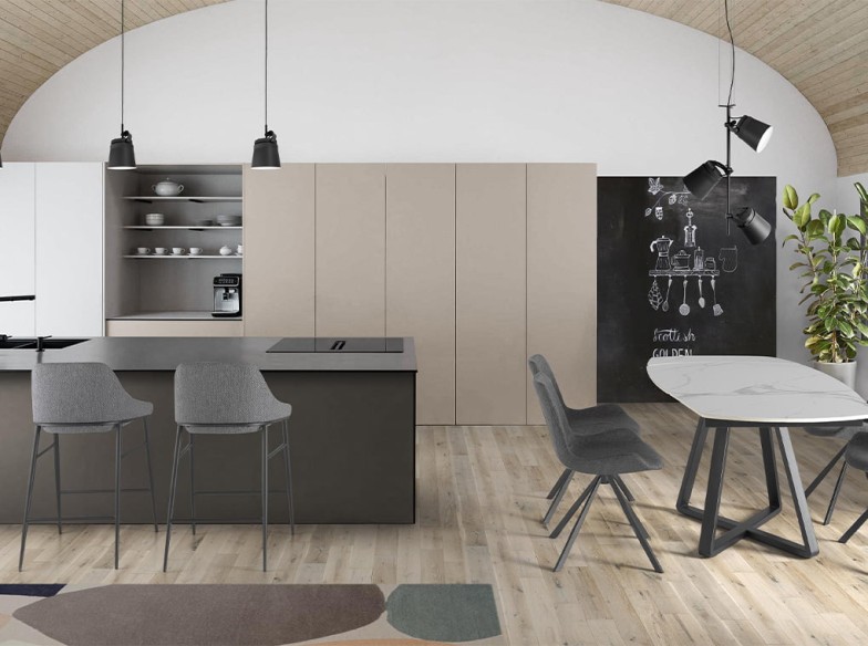 Mesa comedor extensible ovalada barril mármol porcelánico y acero negro