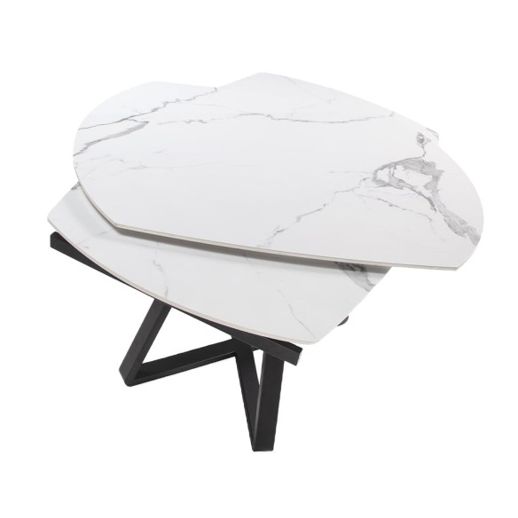 Mesa comedor extensible ovalada barril mármol porcelánico y acero negro