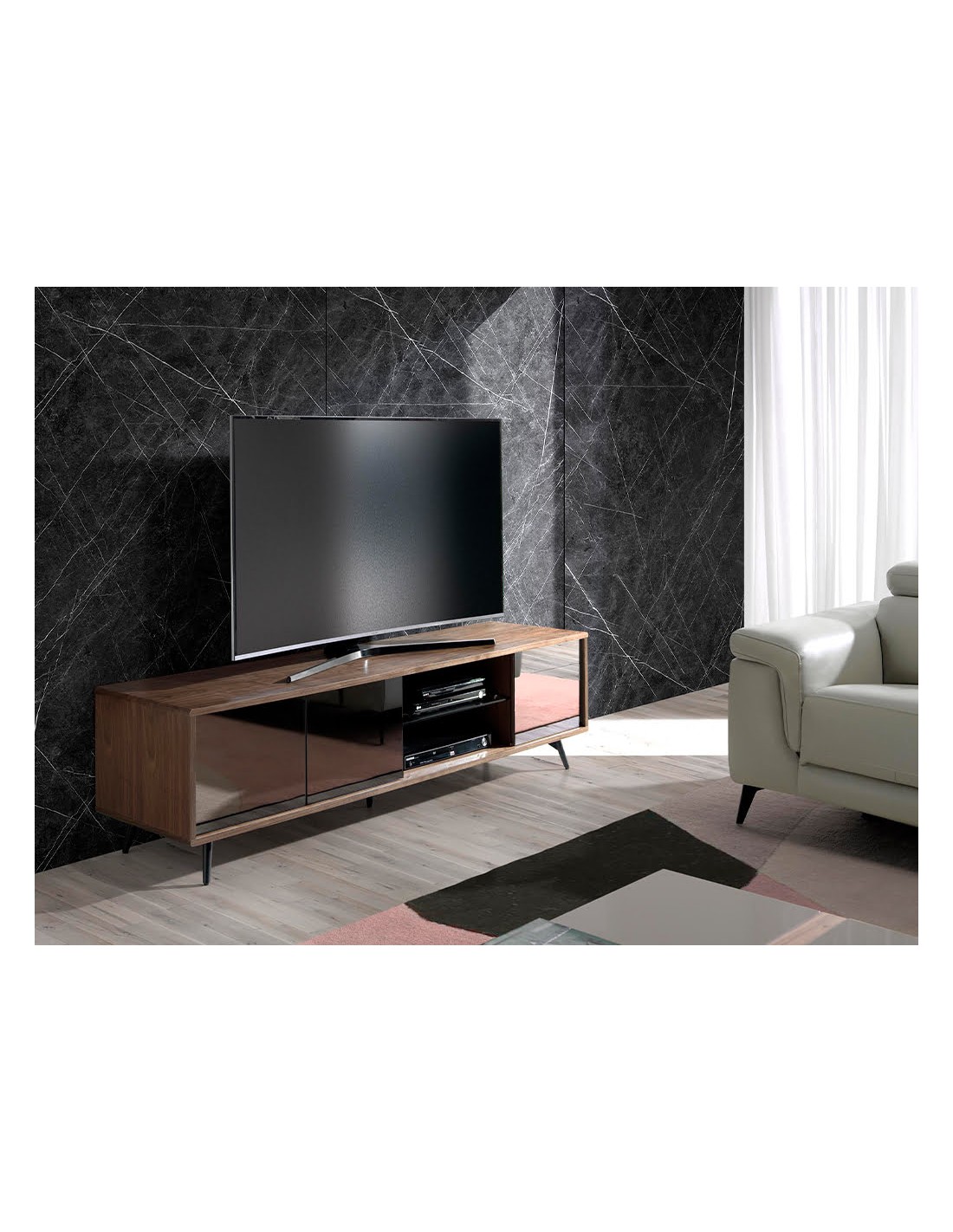Mueble TV cristal negro efecto espejo, nogal y...