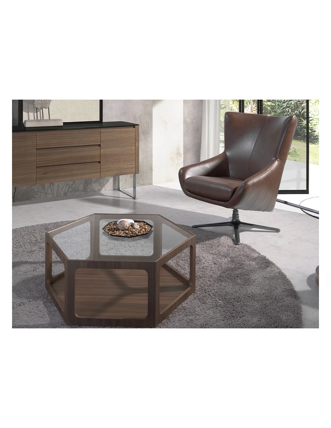 Sillón giratorio piel marrón coñac