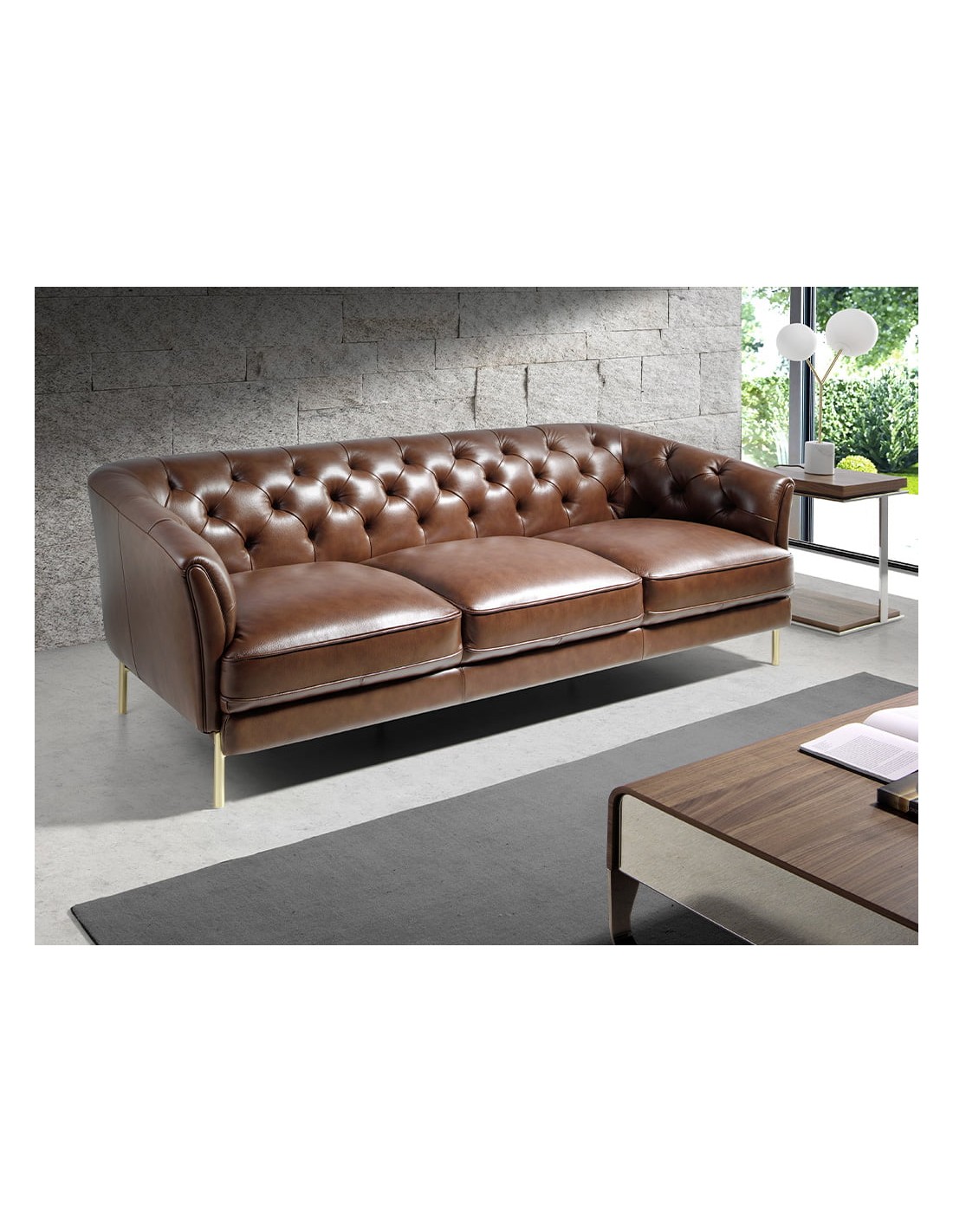 Sofá Chester 3 plazas piel marrón coñac