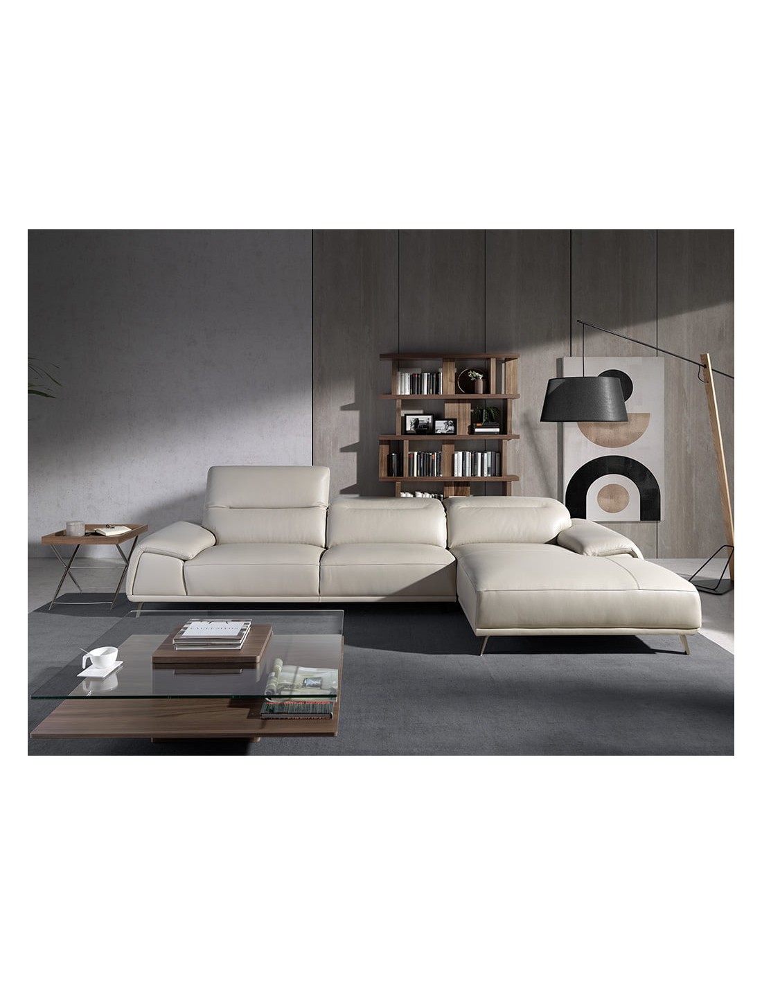 Sofá chaise longue derecha piel gris taupe