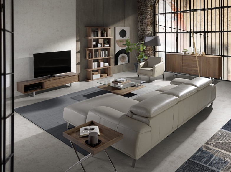 Sofá chaise longue derecha piel gris taupe