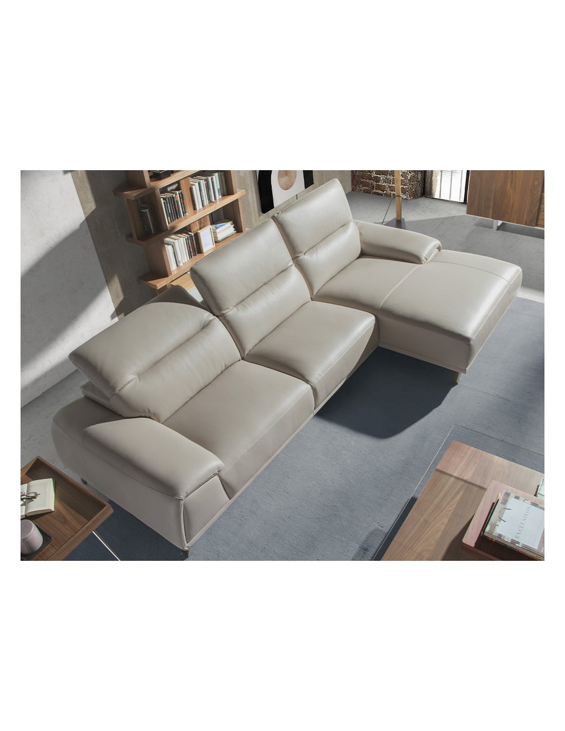 Sofá chaise longue derecha piel gris taupe