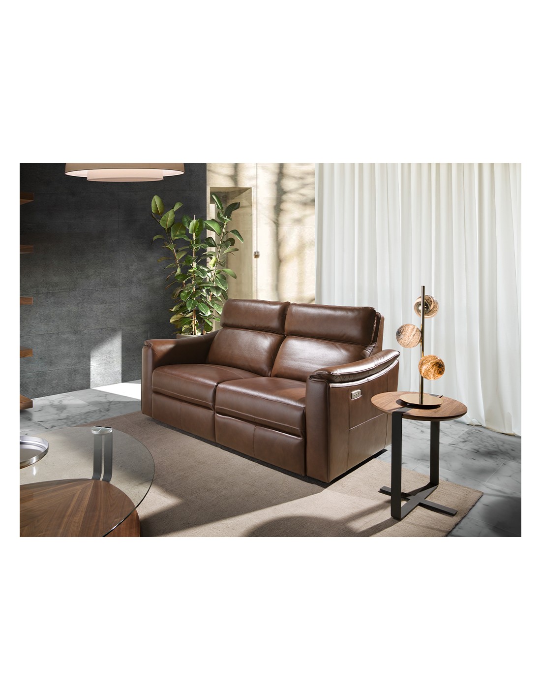 Sofá relax 3 plazas piel marrón coñac