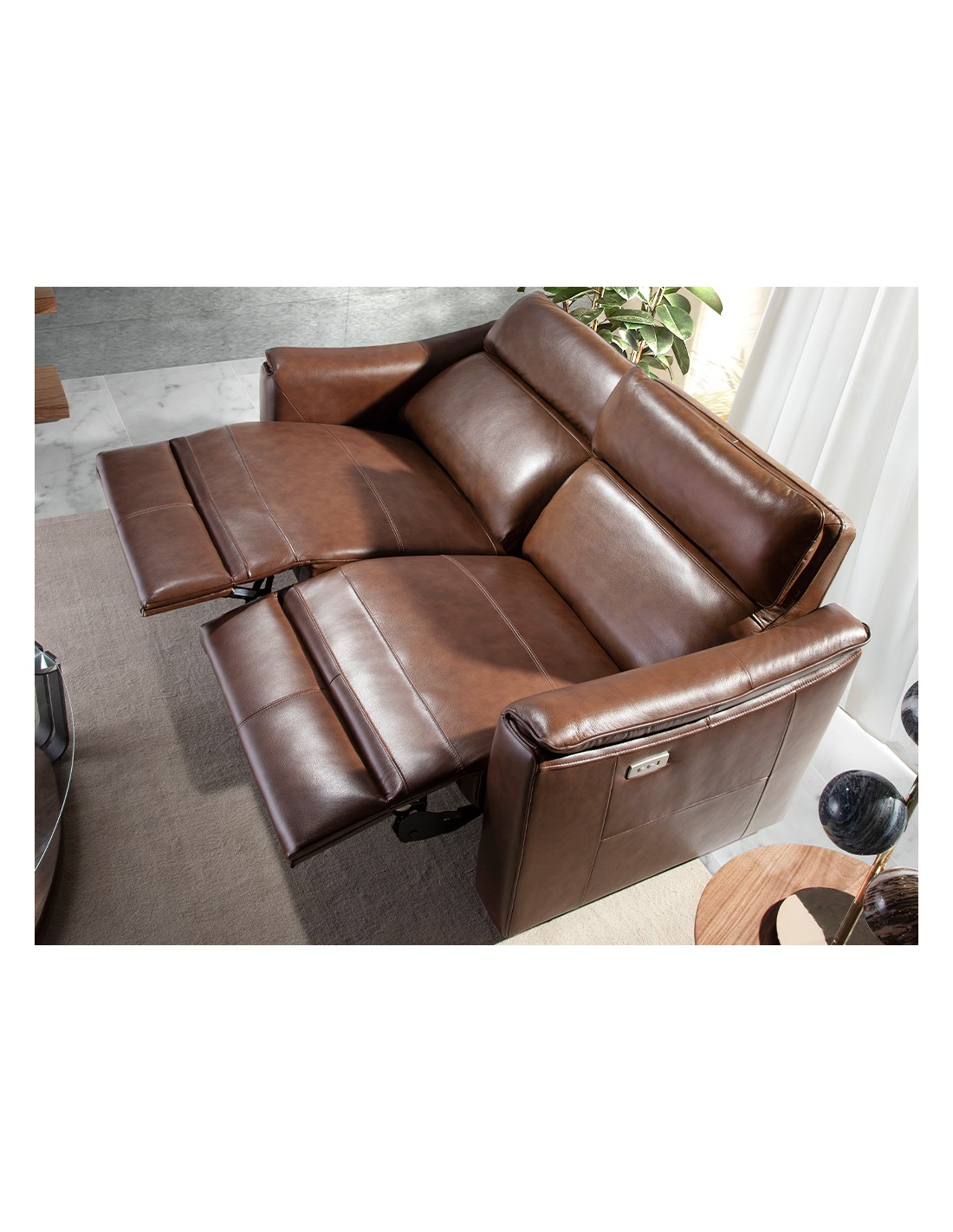 Sofá relax 3 plazas piel marrón coñac