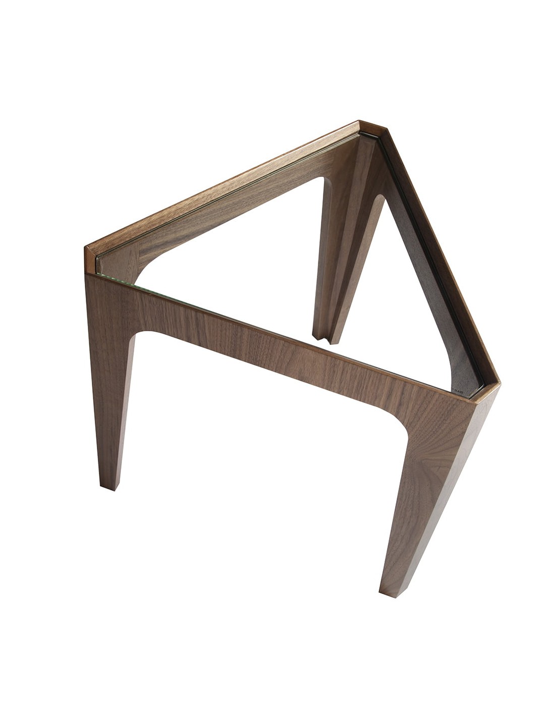 Mesa rincón triangular cristal templado y nogal