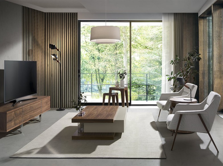 Mesa rincón triangular cristal templado y nogal