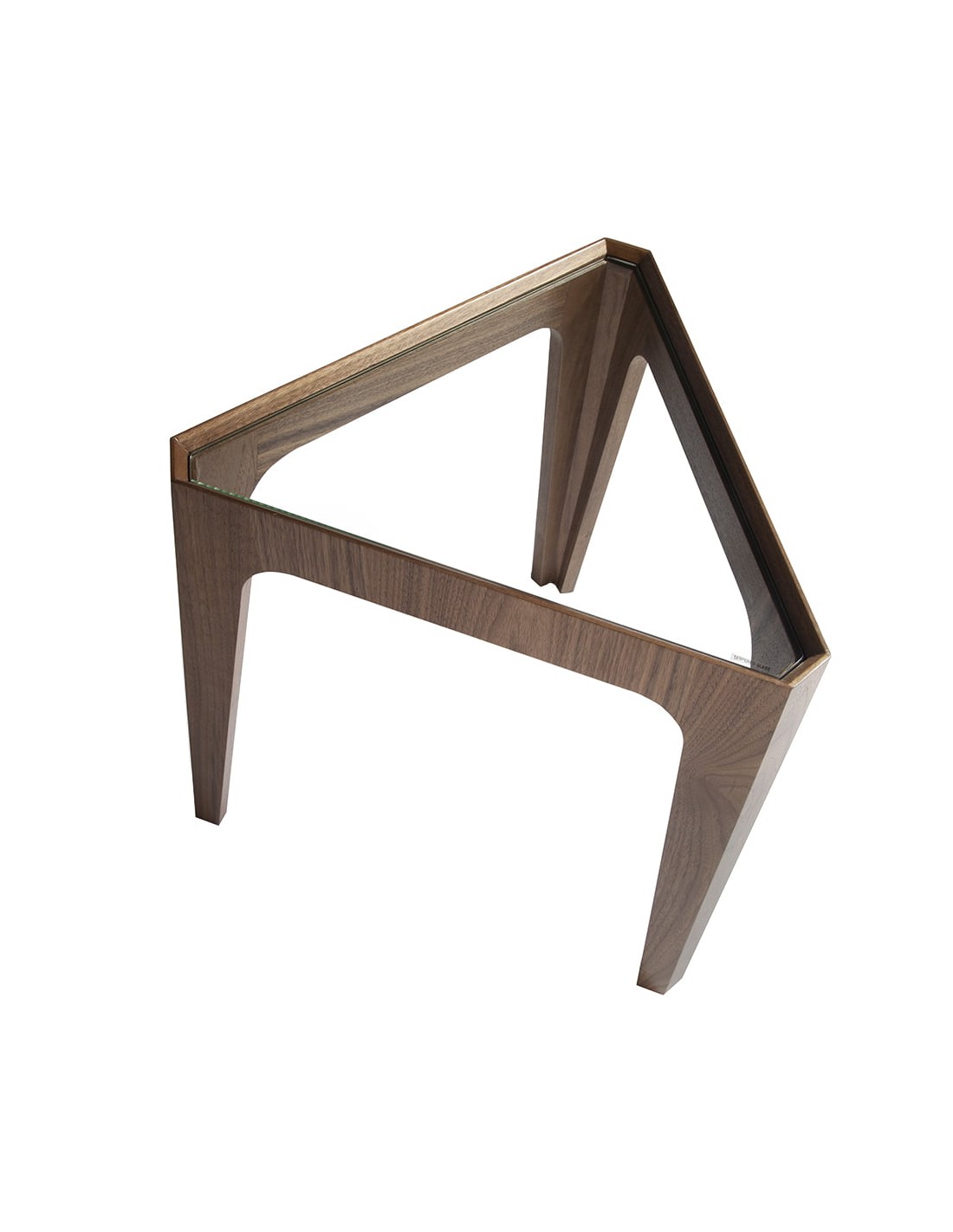Mesa rincón triangular cristal templado y nogal