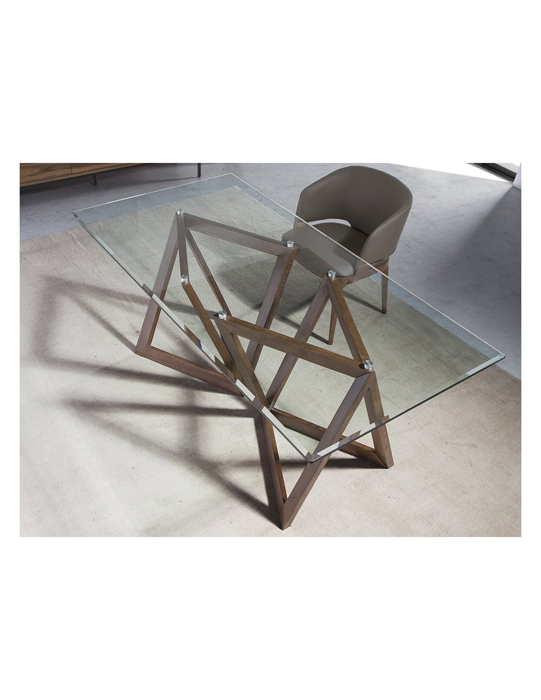 Mesa comedor rectangular cristal templado y nogal