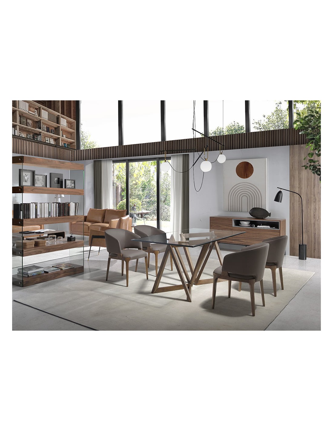 Mesa comedor rectangular cristal templado y nogal