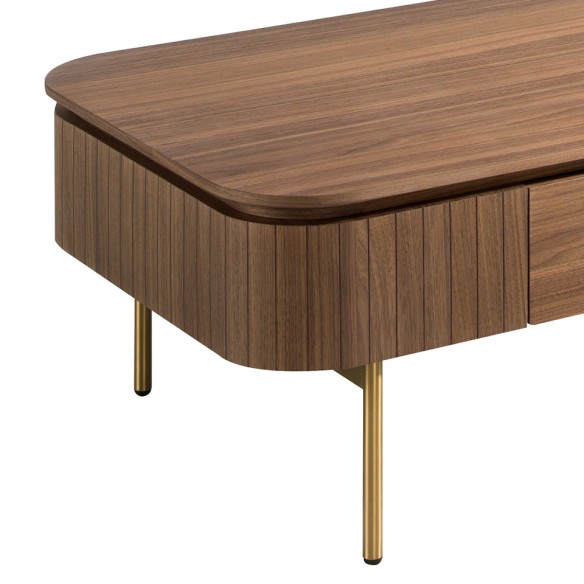 Mesa centro rectangular nogal y acero pulido dorado