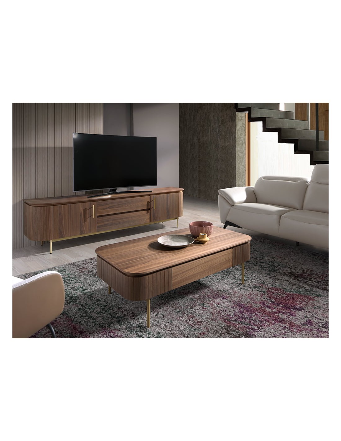 Mesa centro rectangular nogal y acero pulido...