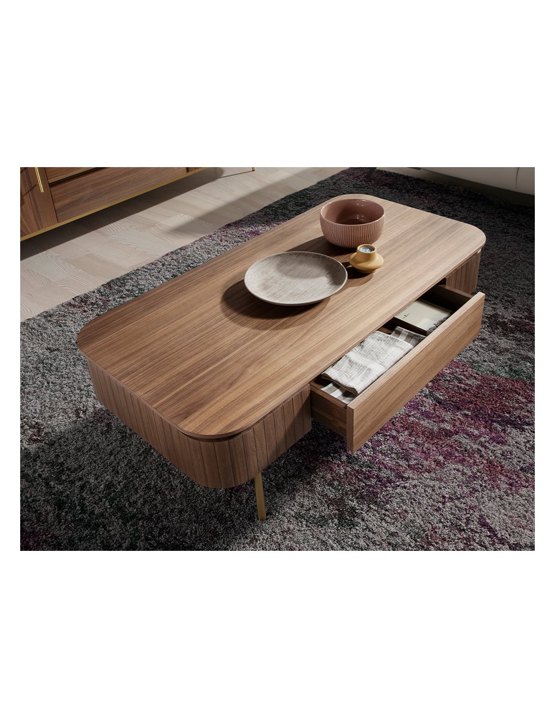 Mesa centro rectangular nogal y acero pulido...