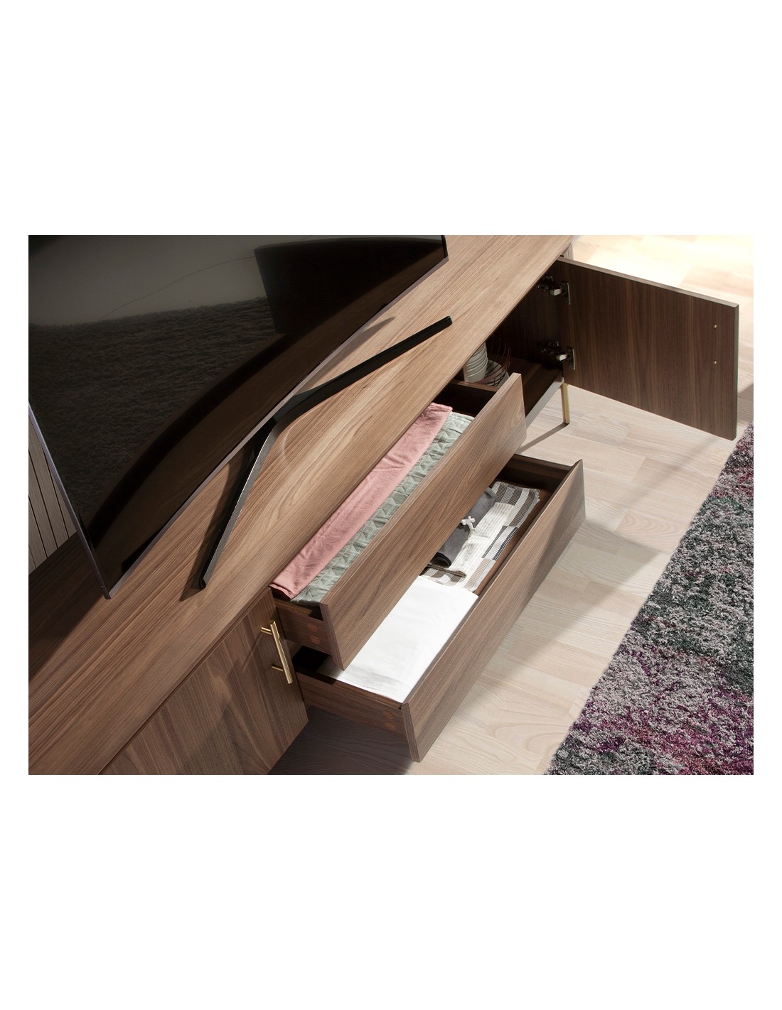 Mueble TV nogal y acero pulido dorado