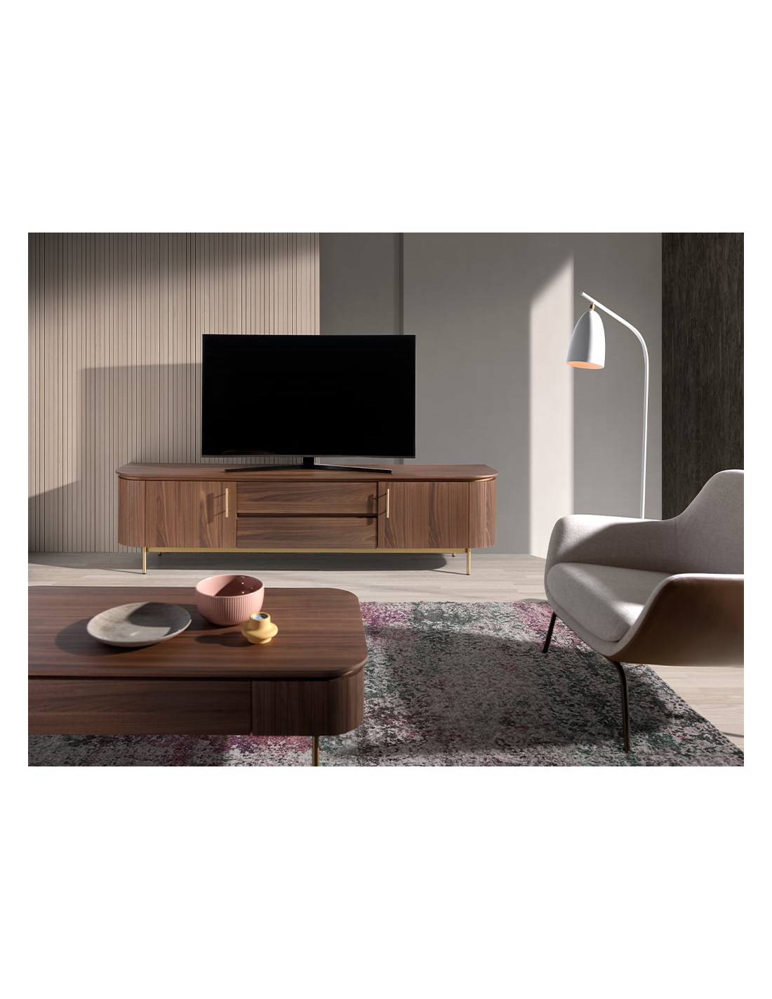 Mueble TV nogal y acero pulido dorado