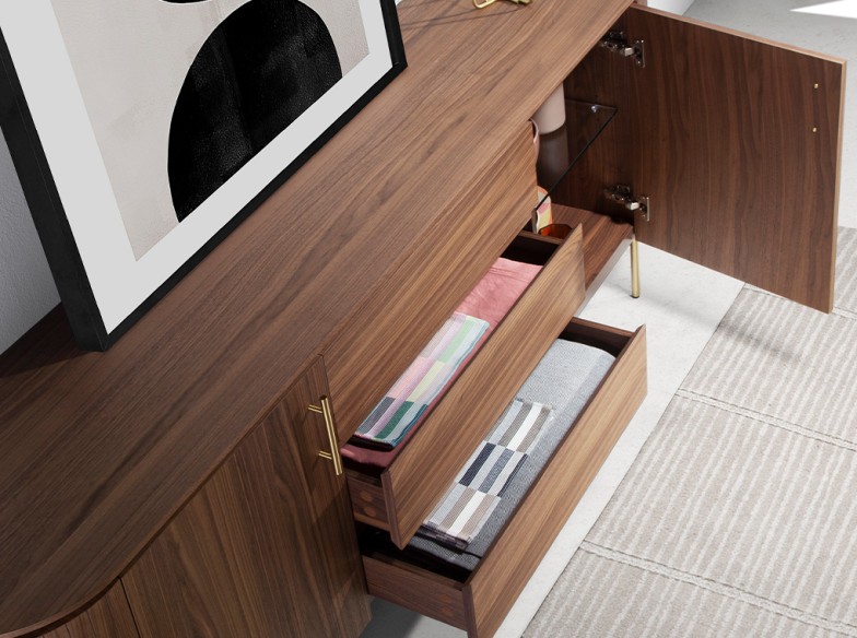 Aparador nogal y acero pulido dorado