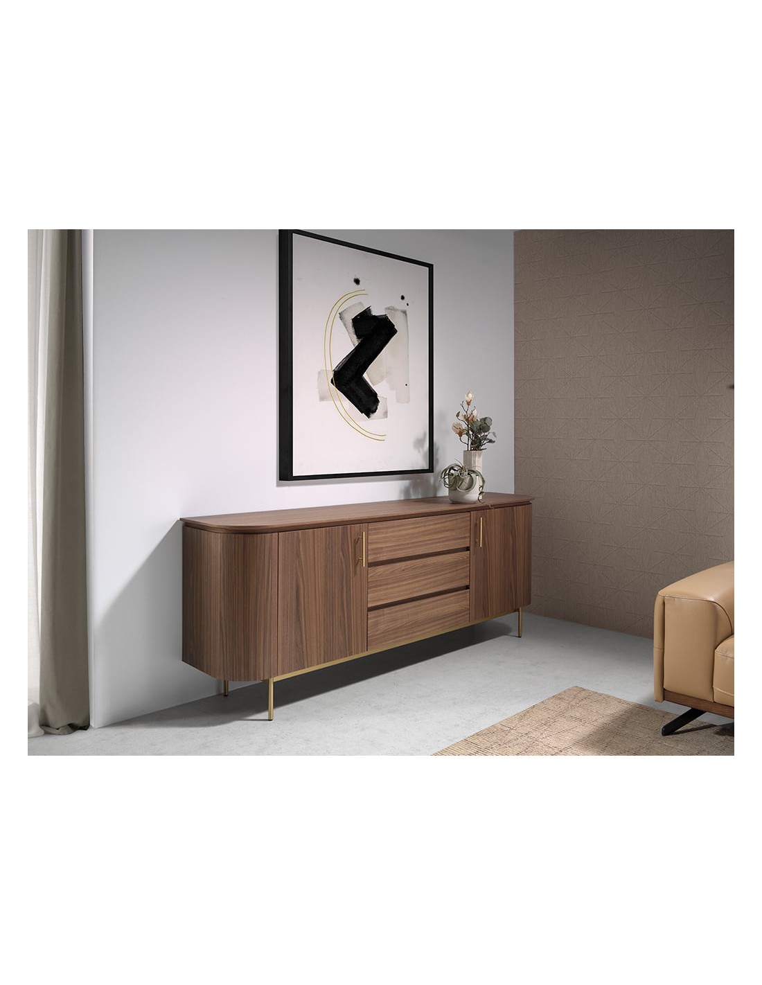 Aparador nogal y acero pulido dorado