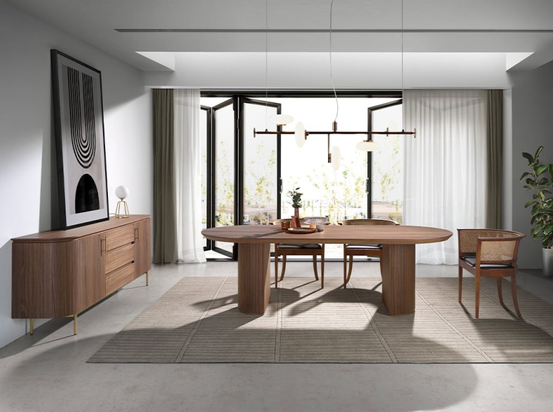 Aparador nogal y acero pulido dorado