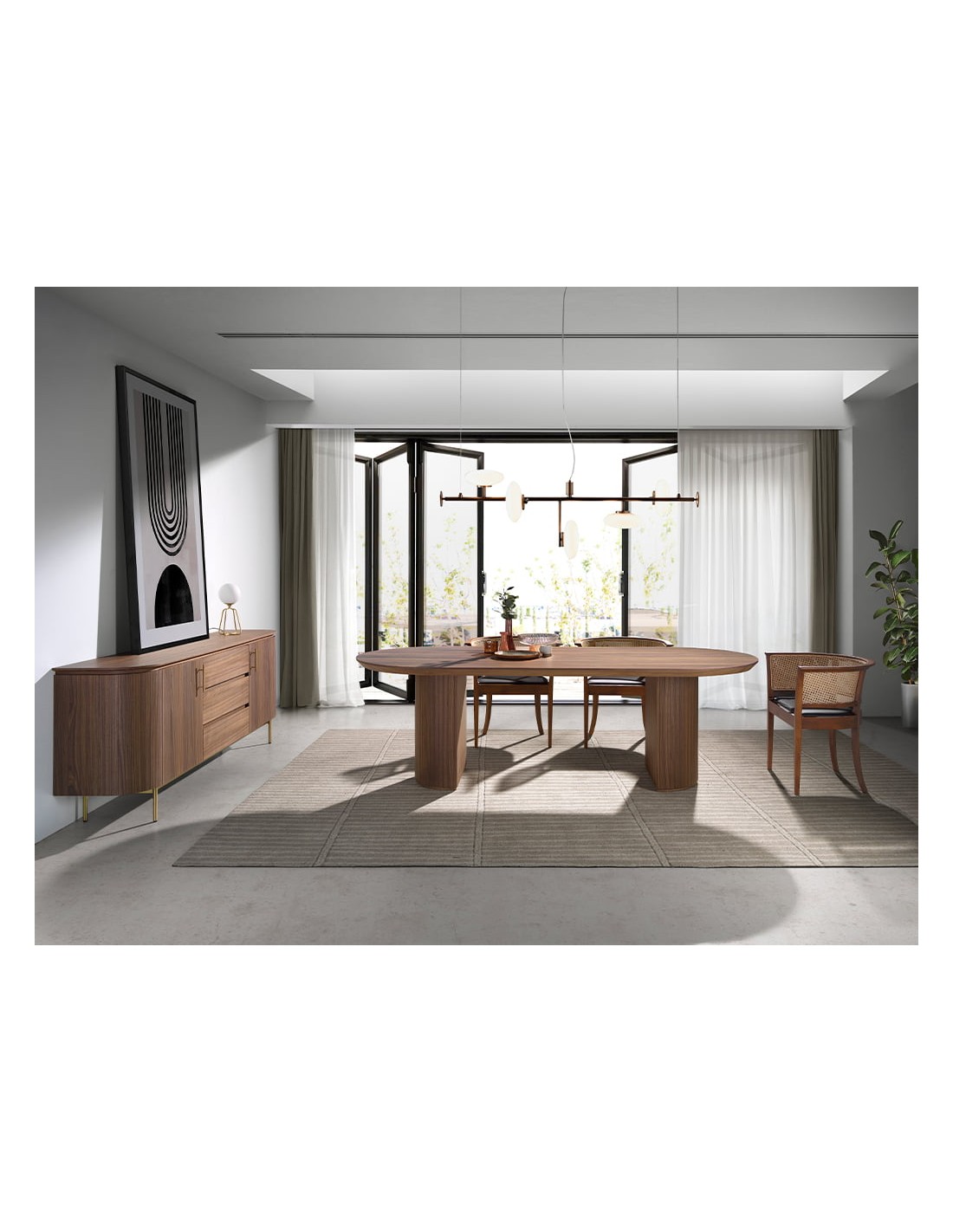 Aparador nogal y acero pulido dorado