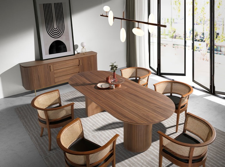 Mesa comedor ovalada medio punto nogal