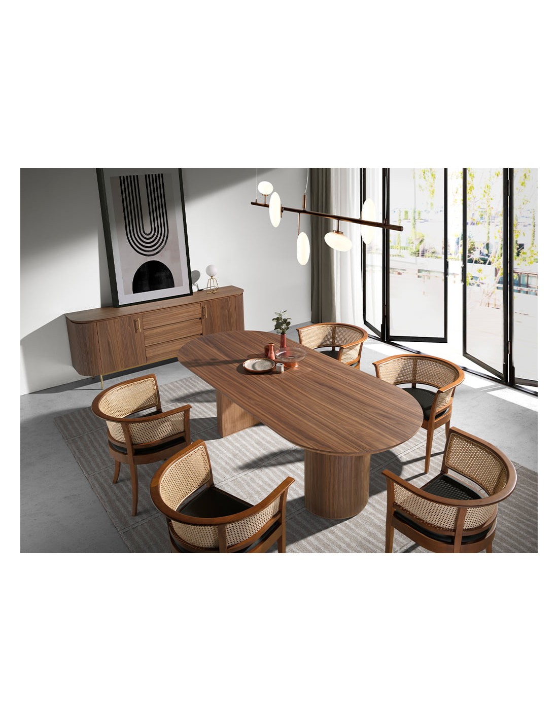 Mesa comedor ovalada medio punto nogal