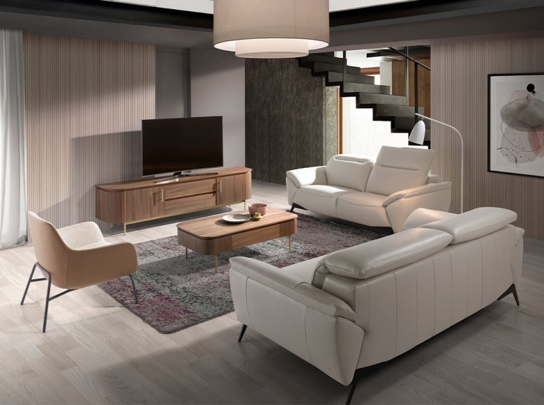 Sillón tela crema y polipiel marrón