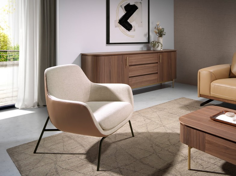 Sillón tela crema y polipiel marrón