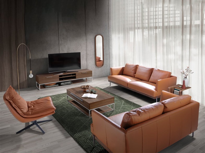 Mesa centro rectangular nogal, acero cromado y nogal