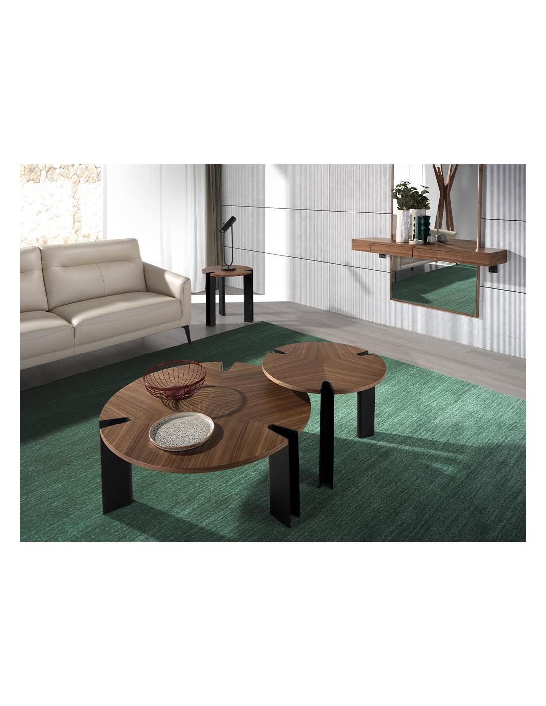 Mesa centro redonda nogal y acero negro