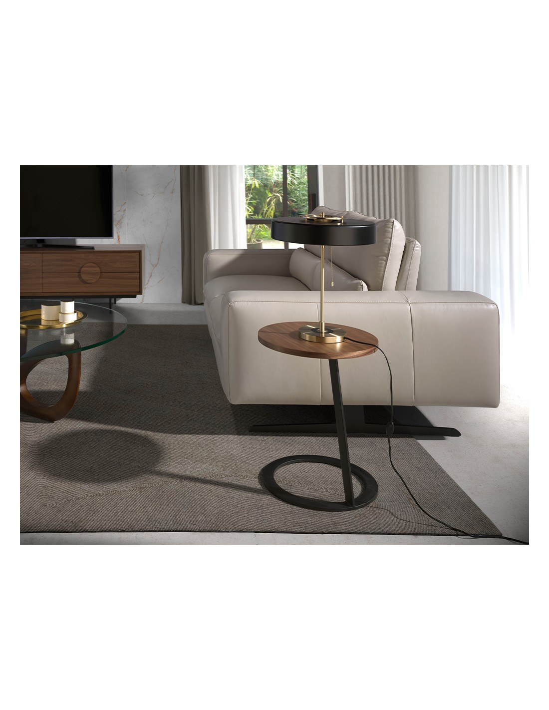 Mesa rincón redonda nogal y acero negro