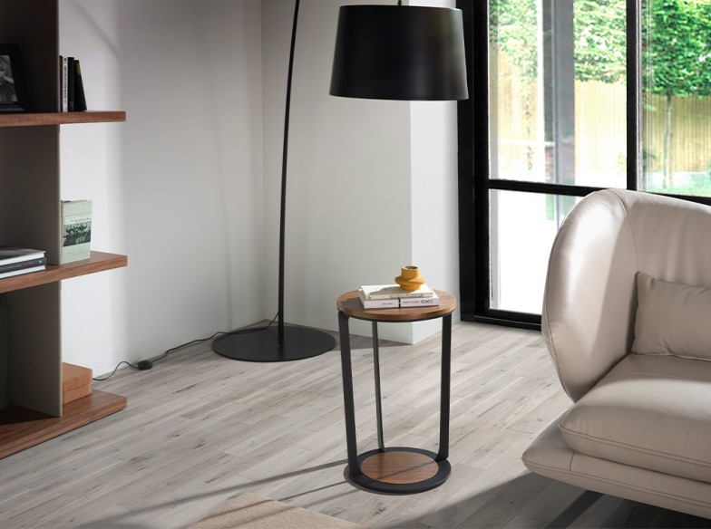 Mesa rincón redonda nogal y acero negro