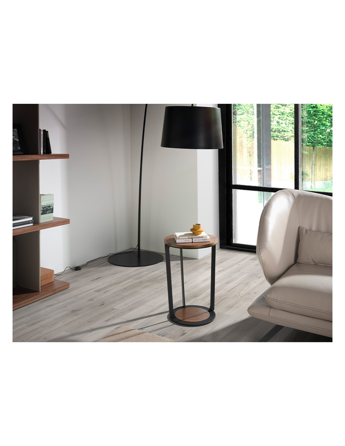 Mesa rincón redonda nogal y acero negro