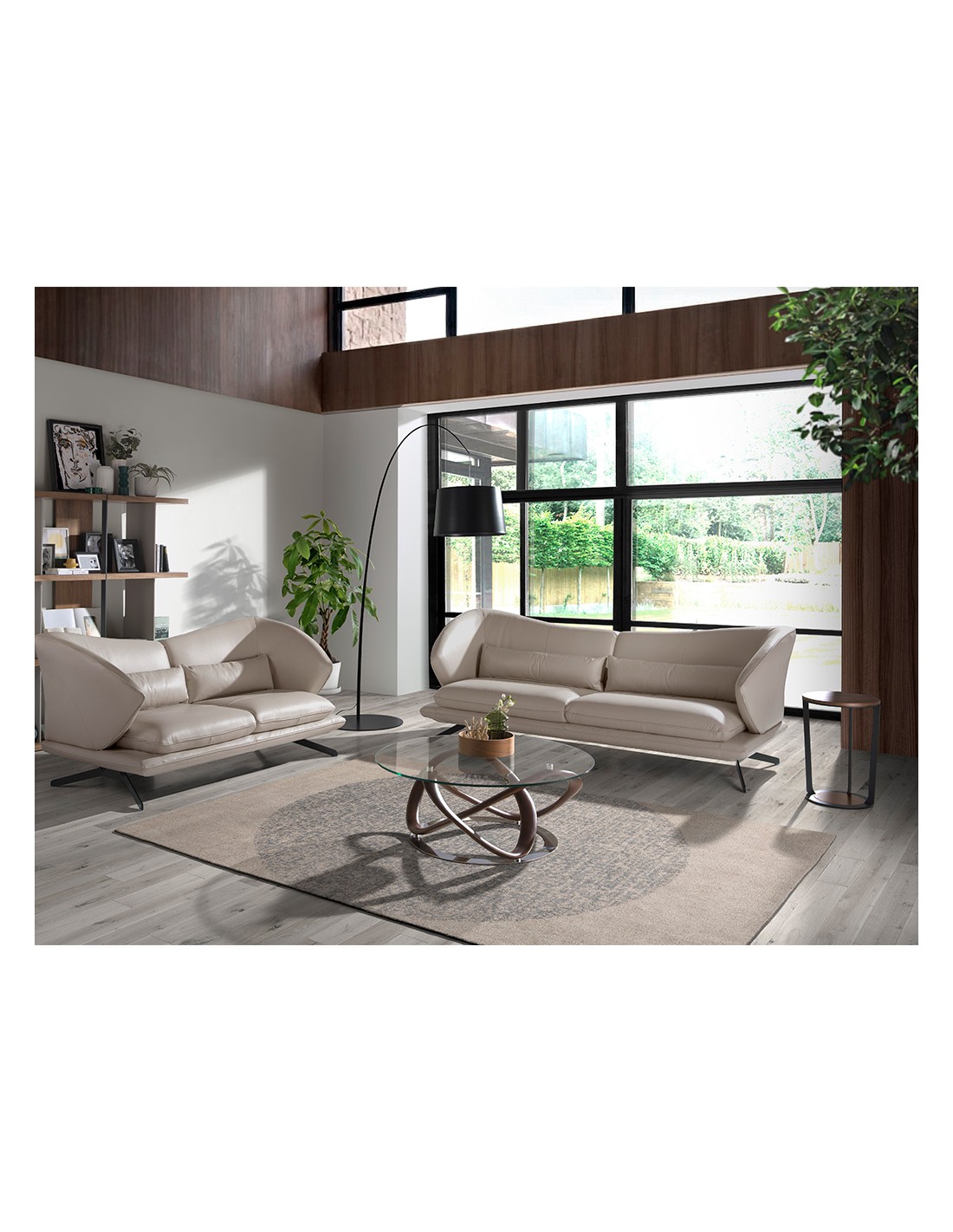 Mesa rincón redonda nogal y acero negro