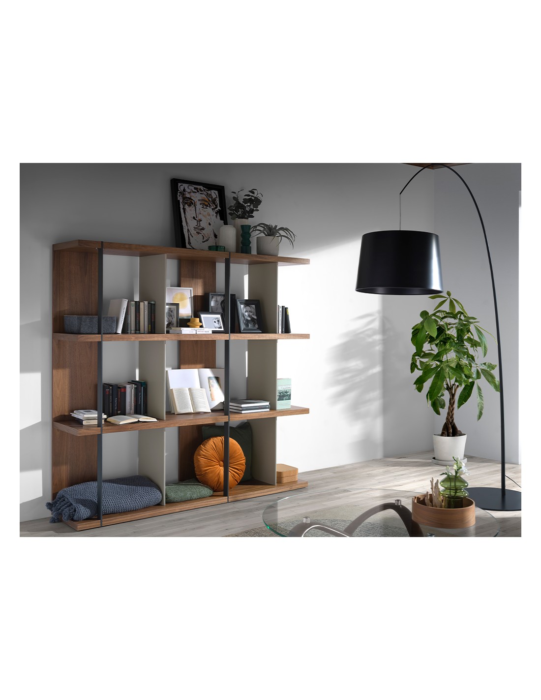 Estanteria nogal y madera gris