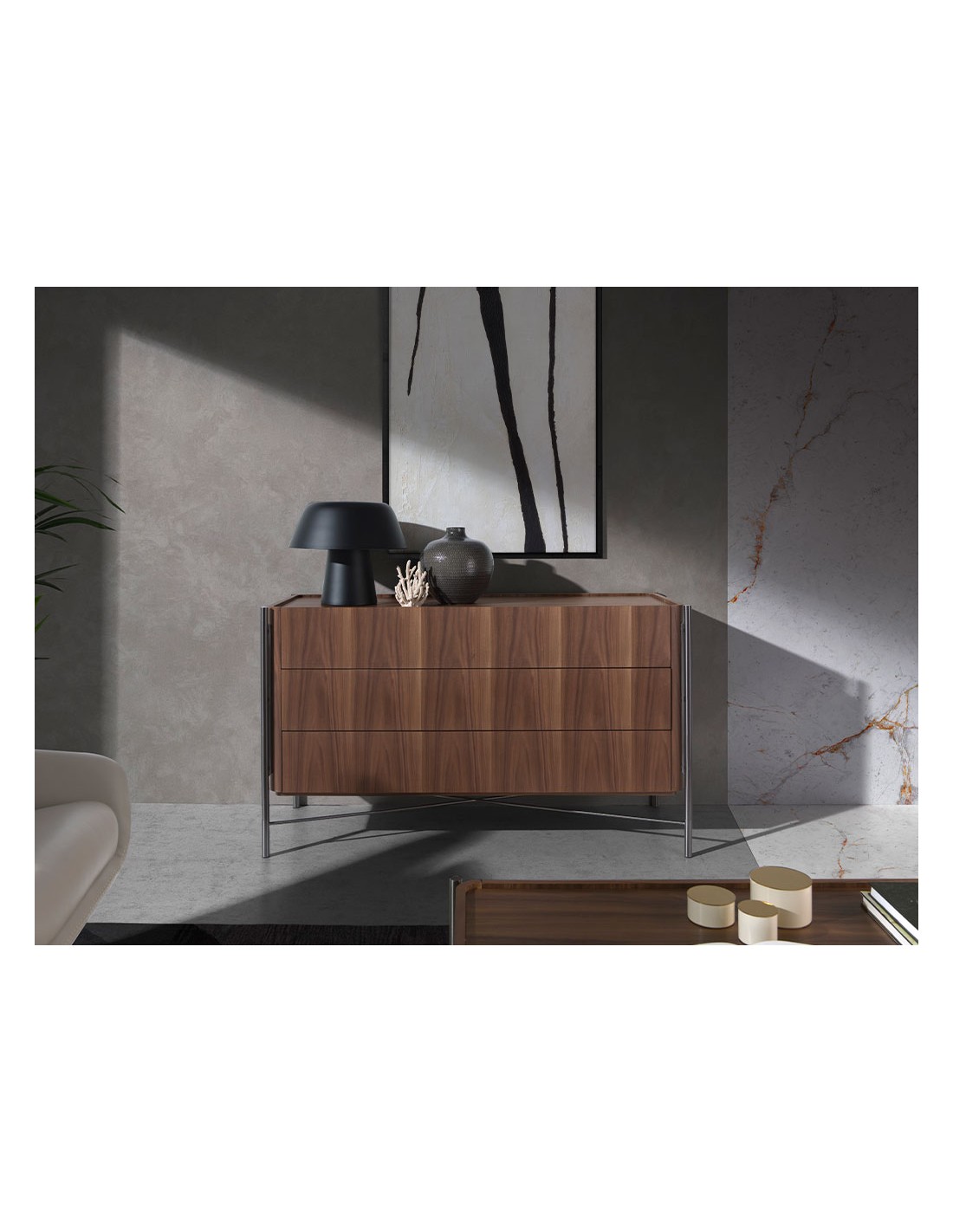 Cómoda nogal y acero oscuro