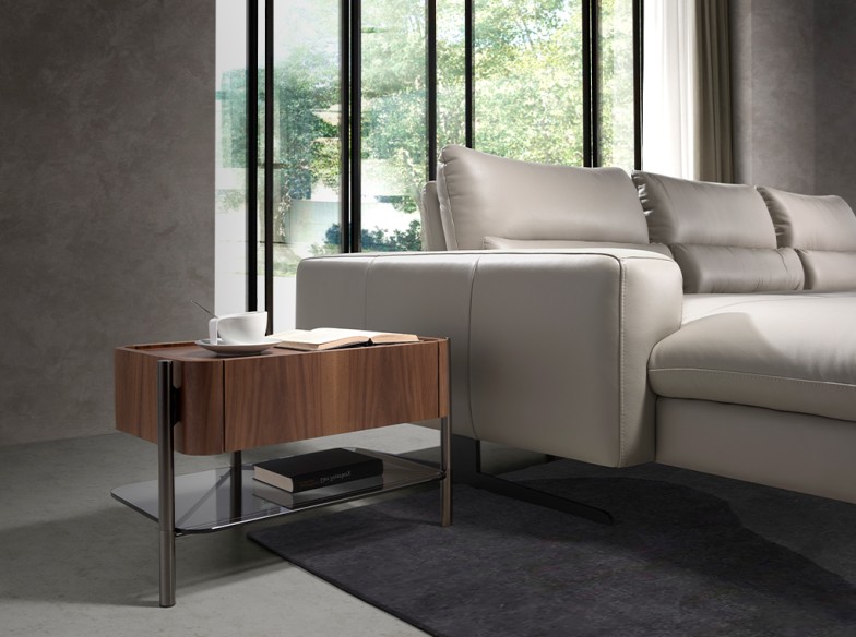 Mesita de noche nogal y acero oscuro