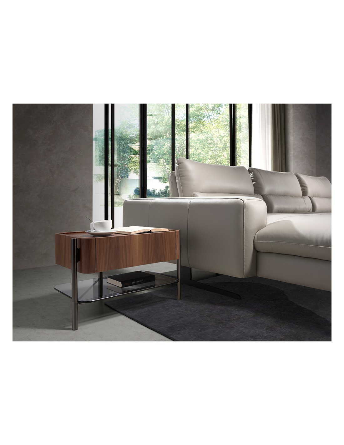 Mesita de noche nogal y acero oscuro