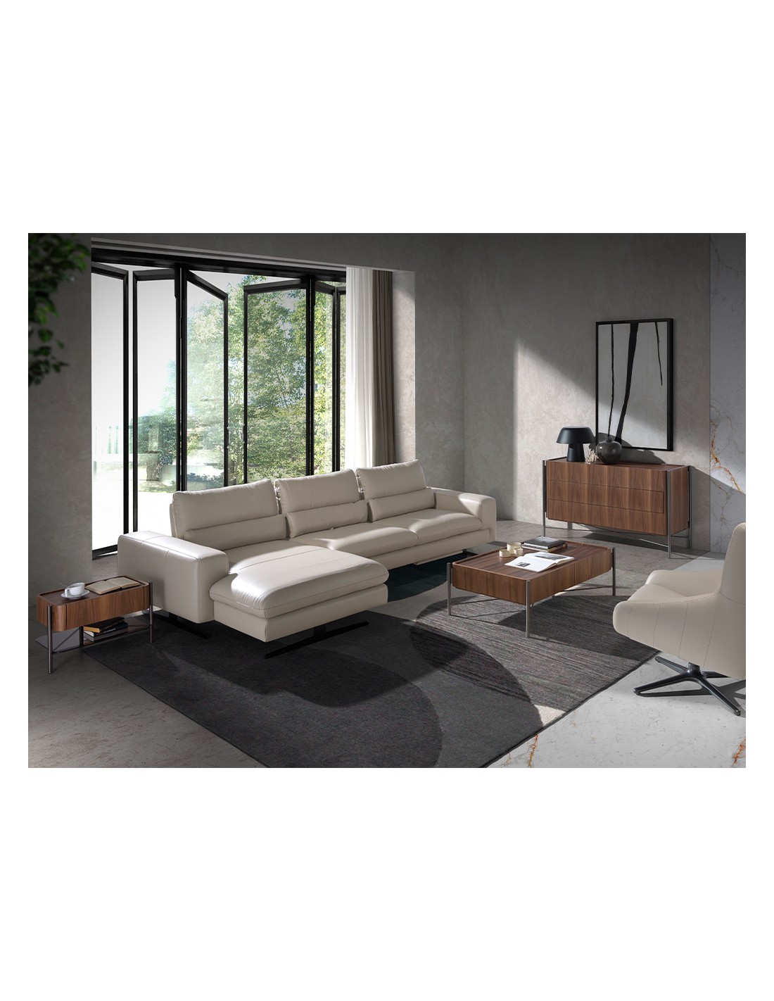 Mesita de noche nogal y acero oscuro