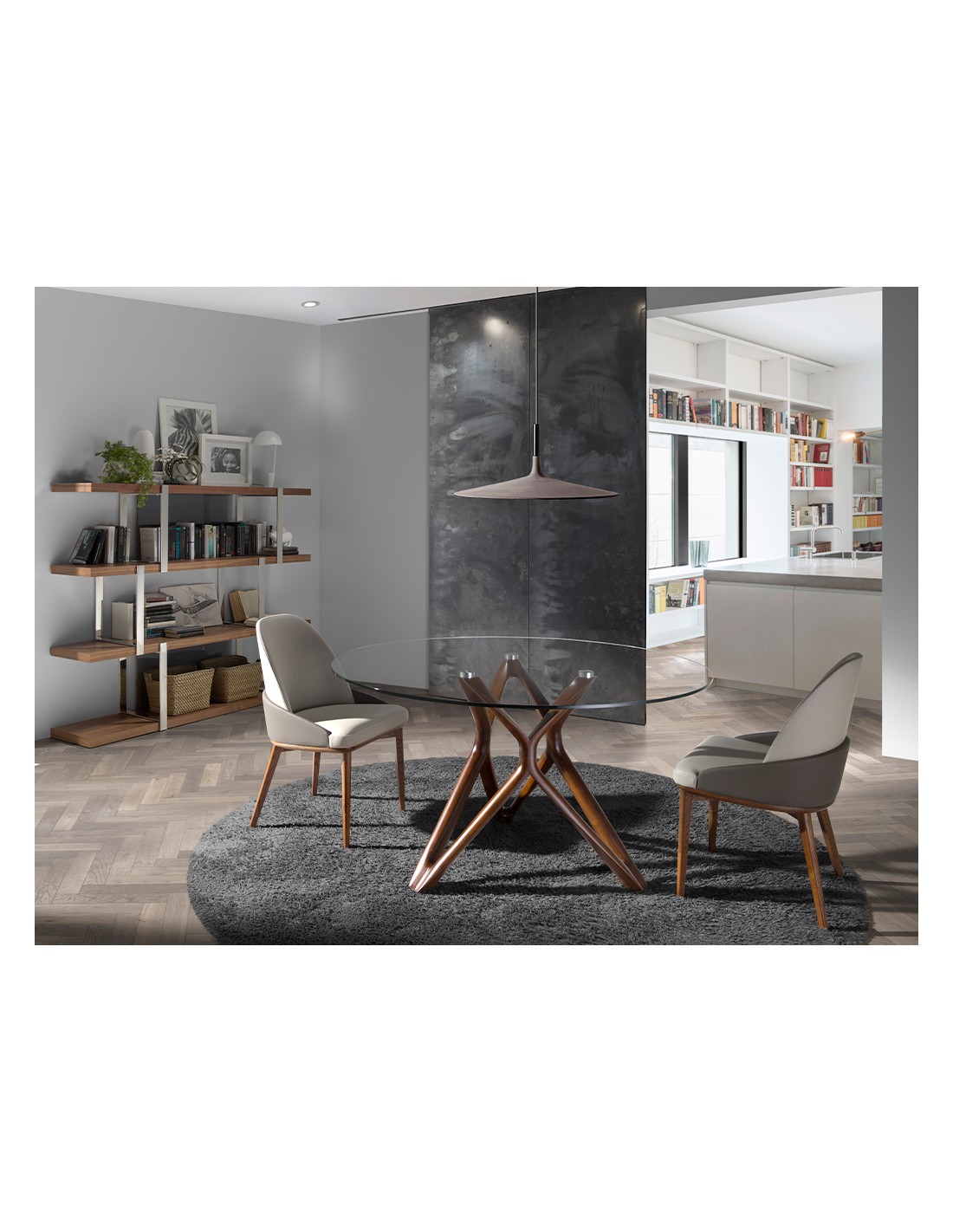 Mesa comedor redonda cristal templado y nogal