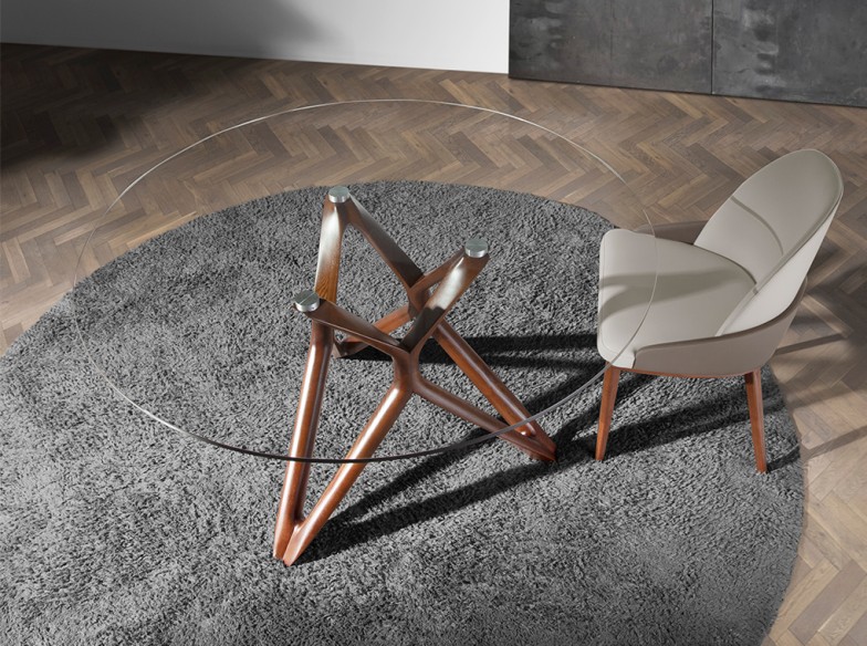 Mesa comedor redonda cristal templado y nogal