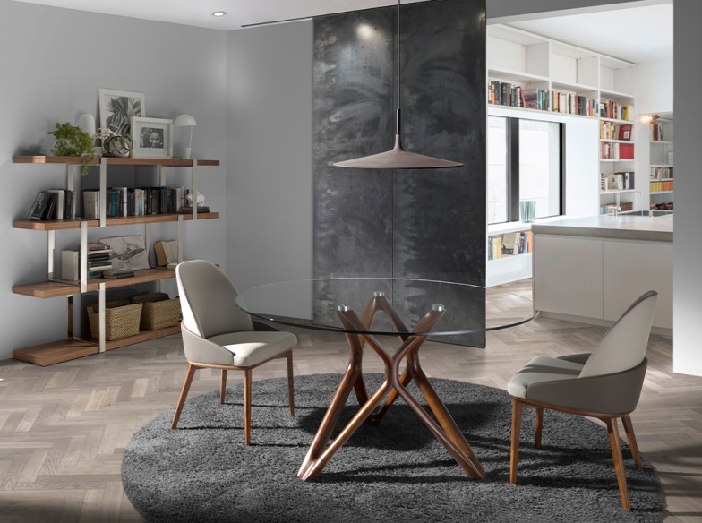 Mesa comedor redonda cristal templado y nogal